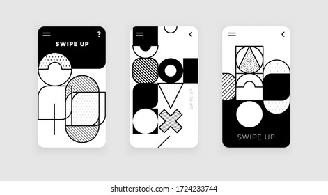 Covers templates set with bauhaus, memphis and hipster style graphic geometric elements. Applicable for placards, brochures, posters, covers and banners. Vector illustrations.