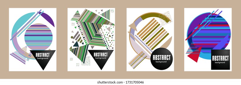 Covers templates set with bauhaus, memphis and hipster style graphic geometric elements. Applicable for placards, brochures, posters, covers and banners.