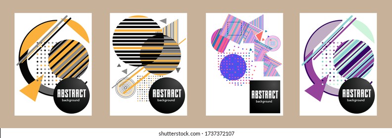 Umfasst Vorlagen, die mit grafischen geometrischen Elementen im Bauhaus-, Memphis- und Hipsterstil gesetzt sind. Gilt für Plakate, Broschüren, Plakate, Cover und Banner.