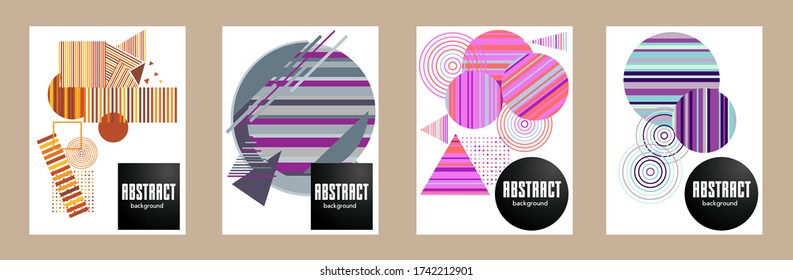 Covers templates set with bauhaus, memphis and hipster style graphic geometric elements. Applicable for placards, brochures, posters, covers and banners.