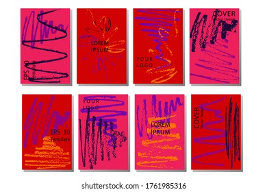 Covers templates set with bauhaus, memphis and hipster style graphic geometric elements.  Rough brush strokes. Stamp for Calligraphy. Typographic template.