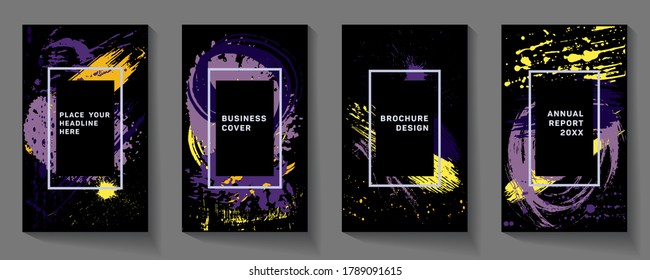 Covers templates set with bauhaus, memphis and hipster style graphic geometric elements.  A poster template for art cafes, art exhibitions.  Dynamic movement and spray of colors.
