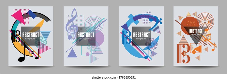 Covers templates set with bauhaus, memphis and hipster style graphic geometric elements. Applicable for placards, brochures, posters, covers and banners.
