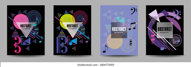 Covers templates set with bauhaus, memphis and hipster style graphic geometric elements. Applicable for placards, brochures, posters, covers and banners.