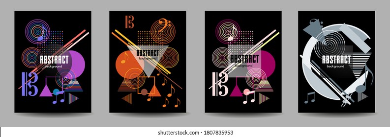 Covers templates set with bauhaus, memphis and hipster style graphic geometric elements. Applicable for placards, brochures, posters, covers and banners.