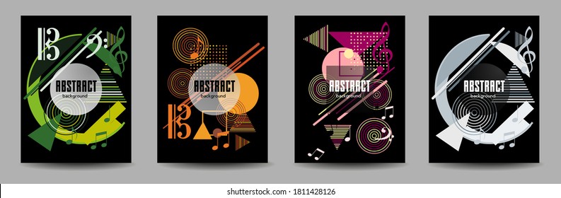 Covers templates set with bauhaus, memphis and hipster style graphic geometric elements. Applicable for placards, brochures, posters, covers and banners.