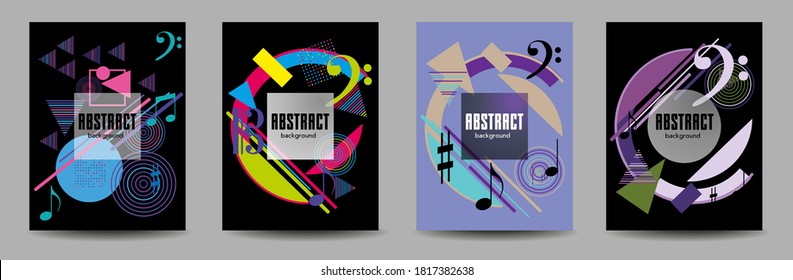 Covers templates set with bauhaus, memphis and hipster style graphic geometric elements. Applicable for placards, brochures, posters, covers and banners.