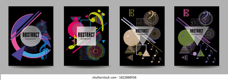 Covers templates set with bauhaus, memphis and hipster style graphic geometric elements. Applicable for placards, brochures, posters, covers and banners.