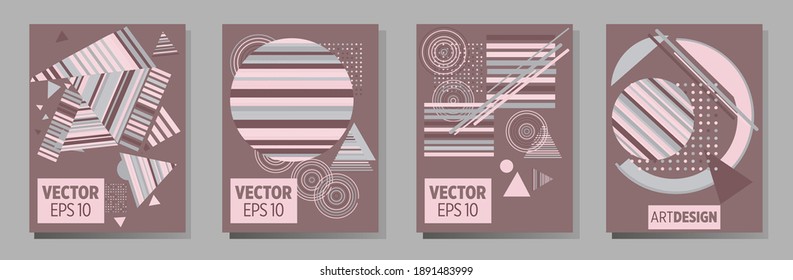 Covers templates set with bauhaus, memphis and hipster style graphic geometric elements. Universal abstract layouts. Applicable for placards, brochures, posters, covers and banners.