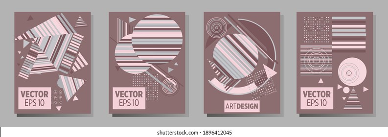 Covers templates set with bauhaus, memphis and hipster style graphic geometric elements. Universal abstract layouts. Applicable for placards, brochures, posters, covers and banners.