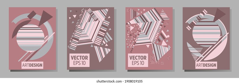 Covers templates set with bauhaus, memphis and hipster style graphic geometric elements. Universal abstract layouts. Applicable for placards, brochures, posters, covers and banners.