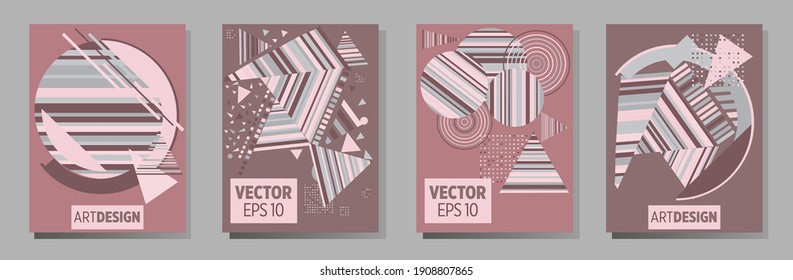 Covers templates set with bauhaus, memphis and hipster style graphic geometric elements. Universal abstract layouts. Applicable for placards, brochures, posters, covers and banners.