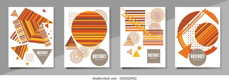 Covers templates set with bauhaus, memphis and hipster style graphic geometric elements. Universal abstract layouts. Applicable for placards, brochures, posters, covers and banners.