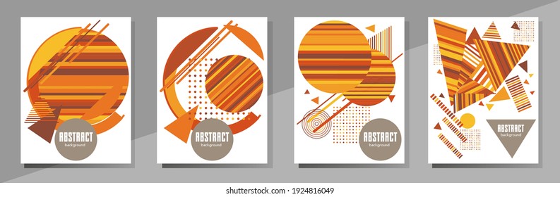 Covers templates set with bauhaus, memphis and hipster style graphic geometric elements. Universal abstract layouts. Applicable for placards, brochures, posters, covers and banners.