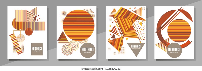 Covers templates set with bauhaus, memphis and hipster style graphic geometric elements. Universal abstract layouts. Applicable for placards, brochures, posters, covers and banners.