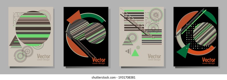 Covers templates set with bauhaus, memphis and hipster style graphic geometric elements. Universal abstract layouts. Applicable for placards, brochures, posters, covers and banners.