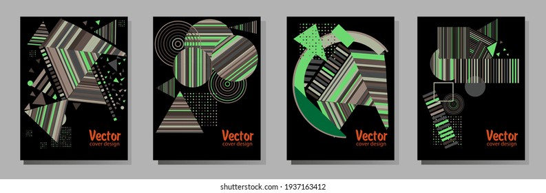 Covers templates set with bauhaus, memphis and hipster style graphic geometric elements. Universal abstract layouts. Applicable for placards, brochures, posters, covers and banners.