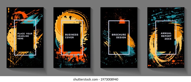 Covers templates set with bauhaus, memphis and hipster style graphic geometric elements.  A poster template for art cafes, art exhibitions.  Dynamic movement and spray of colors.