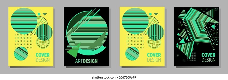 Covers templates set with bauhaus, memphis and hipster style graphic geometric elements. This illustration can be used as a print on t shirts and bags, stationary or as a poster.