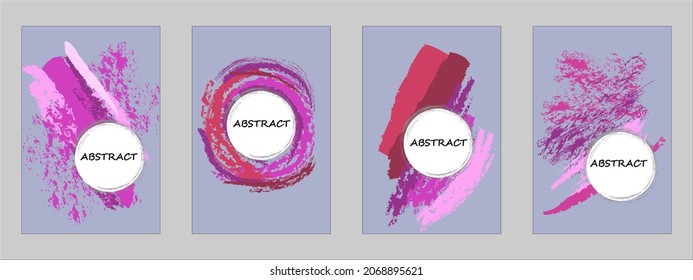 Covers templates set with bauhaus, memphis and hipster style graphic geometric elements. Applicable for placards, brochures, posters, covers and banners. in shades of fuchsia