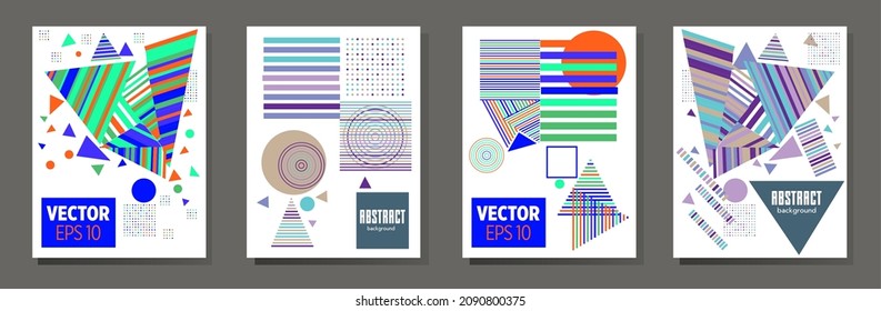 Covers templates set with bauhaus, memphis and hipster style graphic geometric elements. Universal abstract layouts. Applicable for placards, brochures, posters, covers and banners.