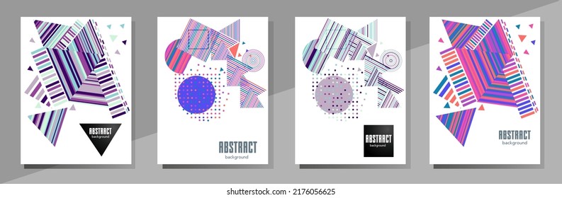 Covers templates set with bauhaus, memphis and hipster style graphic geometric elements. Universal abstract layouts. Applicable for placards, brochures, posters, covers and banners.
