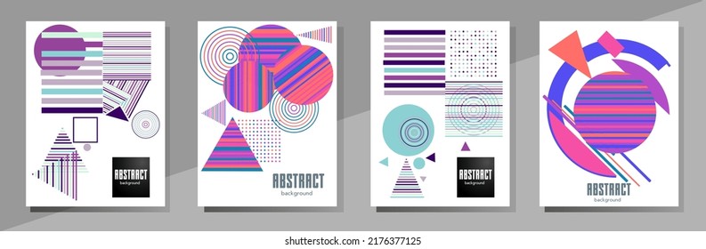 Covers templates set with bauhaus, memphis and hipster style graphic geometric elements. Universal abstract layouts. Applicable for placards, brochures, posters, covers and banners.
