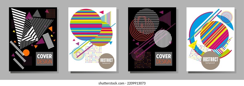 Covers templates set with bauhaus, memphis and hipster style graphic geometric elements. Universal abstract layouts. Applicable for placards, brochures, posters, covers and banners.