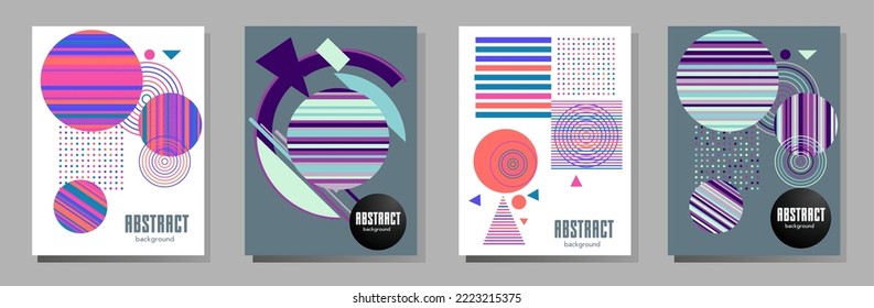 Cubre las plantillas establecidas con elementos geométricos gráficos de bauhaus, memphis y hipster. Diseños abstractos universales. Aplicable a carteles, folletos, carteles, portadas y carteles.
