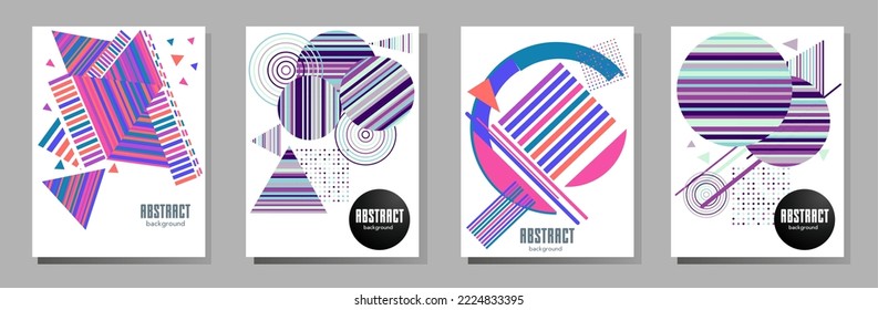 Covers templates set with bauhaus, memphis and hipster style graphic geometric elements. Universal abstract layouts. Applicable for placards, brochures, posters, covers and banners.
