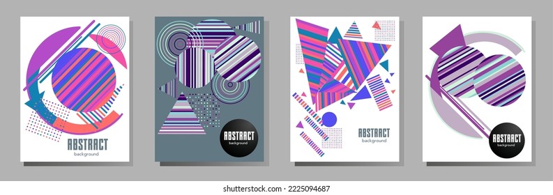 Covers templates set with bauhaus, memphis and hipster style graphic geometric elements. Universal abstract layouts. Applicable for placards, brochures, posters, covers and banners.
