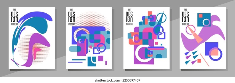 Covers templates set with bauhaus, memphis and hipster style graphic geometric elements. Universal abstract layouts. Applicable for placards, brochures, posters, covers and banners.

