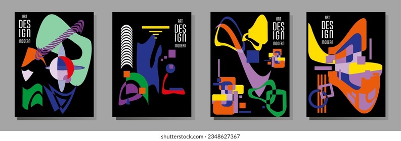 Covers templates set with bauhaus, memphis and hipster style graphic geometric elements. Universal abstract layouts. Applicable for placards, brochures, posters, covers and banners.

