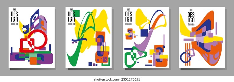 Covers templates set with bauhaus, memphis and hipster style graphic geometric elements. Universal abstract layouts. Applicable for placards, brochures, posters, covers and banners.
