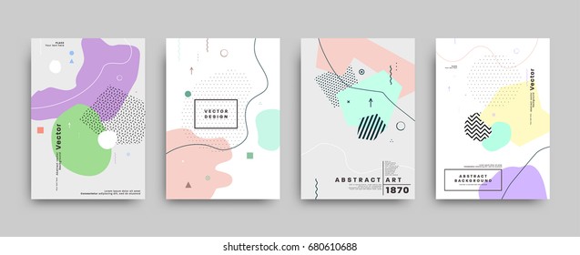 Covers templates set with bauhaus, memphis and hipster style graphic geometric elements. Applicable for placards, brochures, posters, covers and banners. Vector illustrations. svg