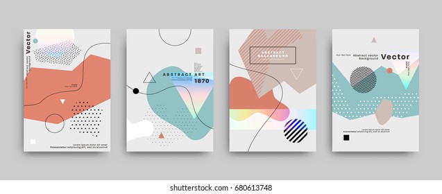 Covers templates set with bauhaus, memphis and hipster style graphic geometric elements. Applicable for placards, brochures, posters, covers and banners. Vector illustrations.