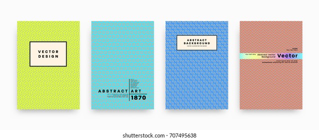 Covers templates set with bauhaus, memphis and hipster style graphic geometric elements. Applicable for placards, brochures, posters, covers and banners. Vector illustrations.