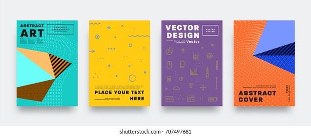 Covers templates set with bauhaus, memphis and hipster style graphic geometric elements. Applicable for placards, brochures, posters, covers and banners. Vector illustrations.