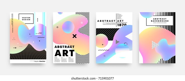 Covers templates set with bauhaus, memphis and hipster style graphic geometric elements. Applicable for placards, brochures, posters, covers and banners. Vector illustrations.