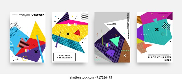 Covers templates set with bauhaus, memphis and hipster style graphic geometric elements. Applicable for placards, brochures, posters, covers and banners. Vector illustrations.