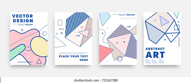 Covers templates set with bauhaus, memphis and hipster style graphic geometric elements. Applicable for placards, brochures, posters, covers and banners. Vector illustrations.