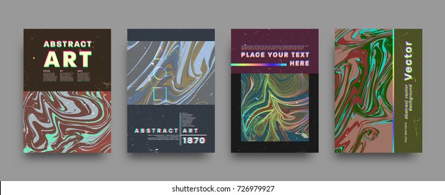 Covers templates set with bauhaus, memphis and hipster style graphic geometric holographic, anaglyph 3d elements. Applicable for placards, brochures, posters, covers and banners. Vector illustrations.
