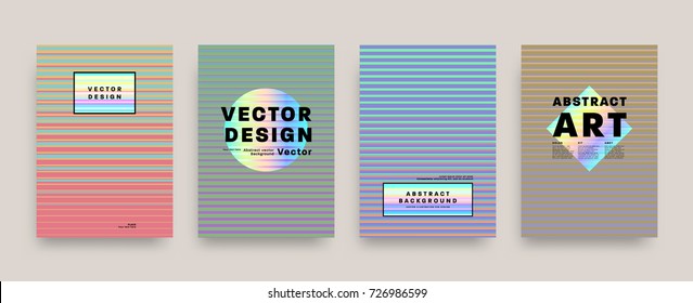 Covers templates set with bauhaus, memphis and hipster style graphic geometric holographic, anaglyph 3d elements. Applicable for placards, brochures, posters, covers and banners. Vector illustrations.