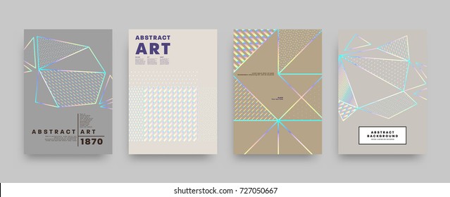 Covers templates set with bauhaus, memphis and hipster style graphic geometric holographic, anaglyph 3d elements. Applicable for placards, brochures, posters, covers and banners. Vector illustrations.