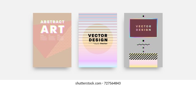 Covers templates set with bauhaus, memphis and hipster style graphic geometric holographic, anaglyph 3d elements. Applicable for placards, brochures, posters, covers and banners. Vector illustrations.