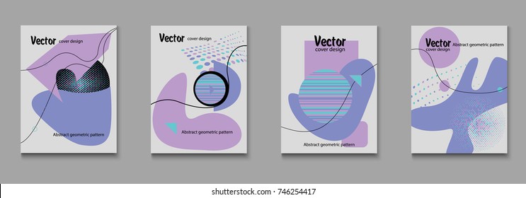 Covers templates set with bauhaus, memphis and hipster style graphic geometric elements. Applicable for placards, brochures, posters, covers and banners. Vector illustrations.