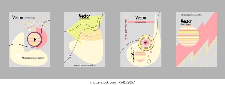 Covers templates set with bauhaus, memphis and hipster style graphic geometric elements. Applicable for placards, brochures, posters, covers and banners.