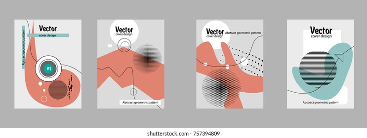 Covers templates set with bauhaus, memphis and hipster style graphic geometric elements. Applicable for placards, brochures, posters, covers and banners.