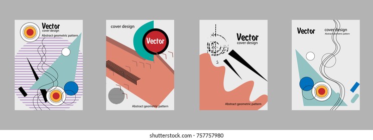 Covers templates set with bauhaus, memphis and hipster style graphic geometric elements. Applicable for placards, brochures, posters, covers and banners.