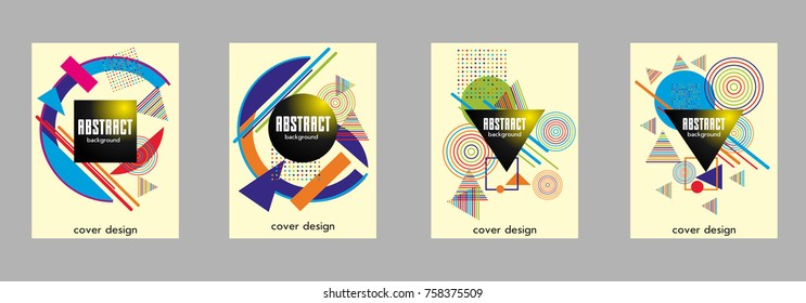 Covers templates set with bauhaus, memphis and hipster style graphic geometric elements. Applicable for placards, brochures, posters, covers and banners.